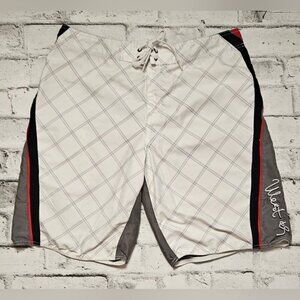 West 49 White, Grey, and Red Plaid Board Shorts